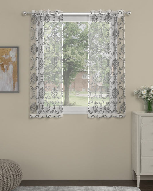 Silver Embroidered  Sheer Polyester Curtains | Set of 2 | Window, Door, Long Door | 5 ft, 7 ft, 9 ft 5 Feet