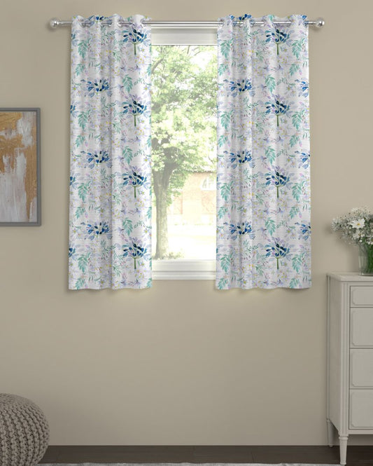 Blue Floral Regular Polyester Curtains | Set of 2 | Window, Door, Long Door | 5 ft, 7 ft, 9 ft 5 Feet