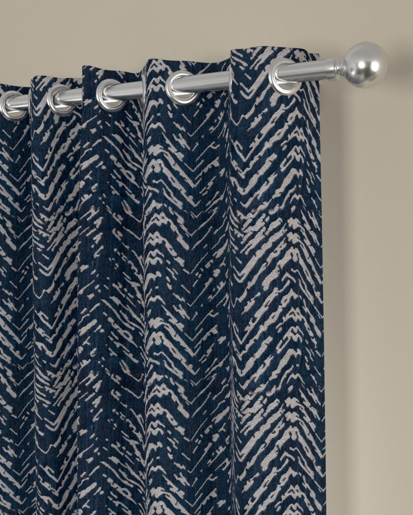 Navy Blue Chevron Regular Polyester Curtains | Set of 2 | Window, Door, Long Door | 5 ft, 7 ft, 9 ft 5 Feet