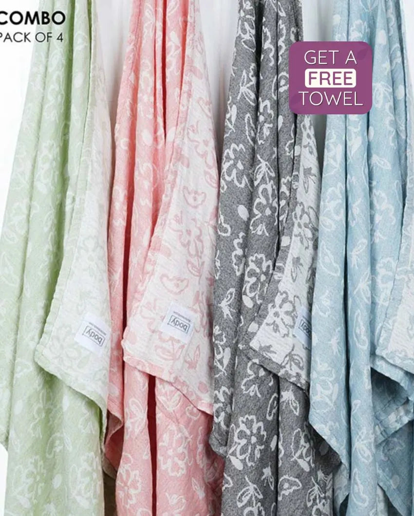 Banana Jacquard Floral Bath Towel | Set of 4 | 59 x 30 inches  | Get a Freebie