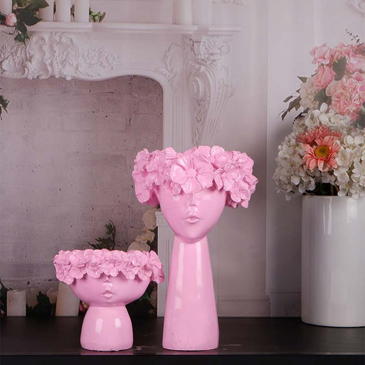Charming Duo Pair of Cute Face-Style Flower Vases Pink