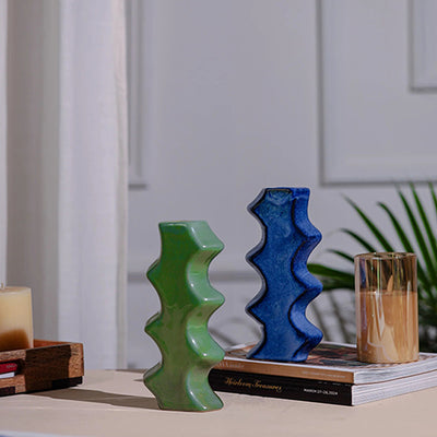 Modern Ladder Cut Ceramic Flower Vase | Set of 2 | 4 x 2 x 6 inches