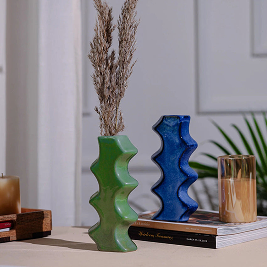 Modern Ladder Cut Ceramic Flower Vase | Set of 2 | 4 x 2 x 6 inches
