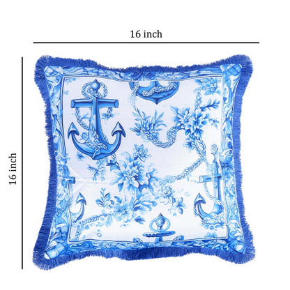 Indigo Motif Floral Border Cushion Cover | 16 X 16 Inches Default Title