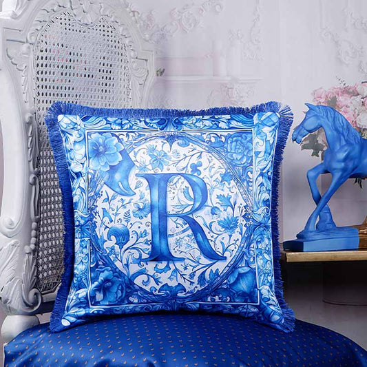 Rosaelia Indigo Motif Floral Border Satin Cushion Cover | 16X16 Inches Default Title