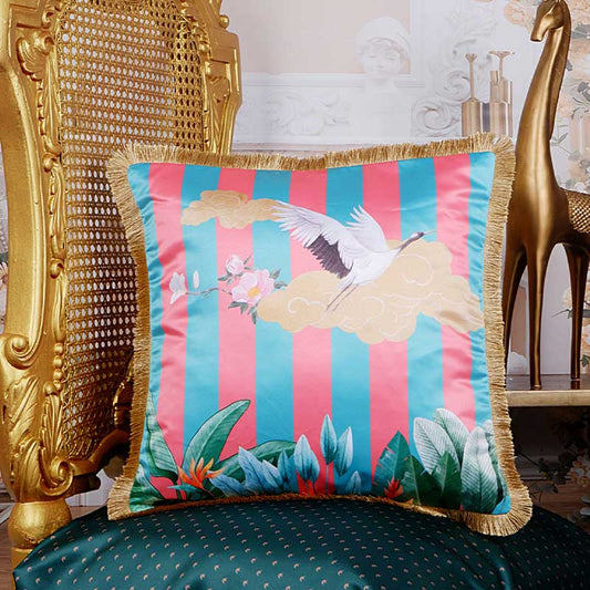 Sarus Crane Print With Stripes Satin Cushion Cover | 16X16 Inches Default Title