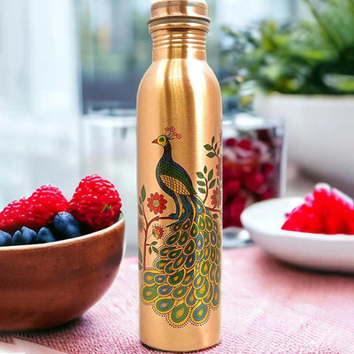 Traditional Peacock Design For Daily Hydration Pure Copper Water Bottle | 1L | 3 x 11 inches