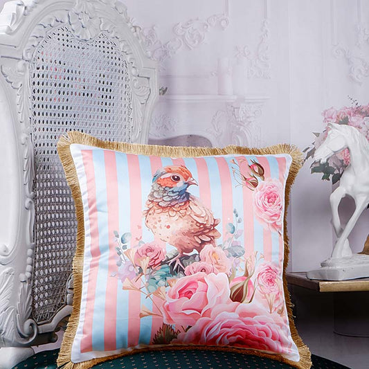 Pink Roses Bird Print With Stripes Satin Cushion Cover | 16X16 Inches Default Title