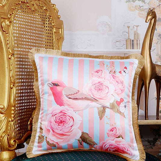 Pink Finch Print With Stripes Satin Cushion Cover | 16X16 Inches Default Title