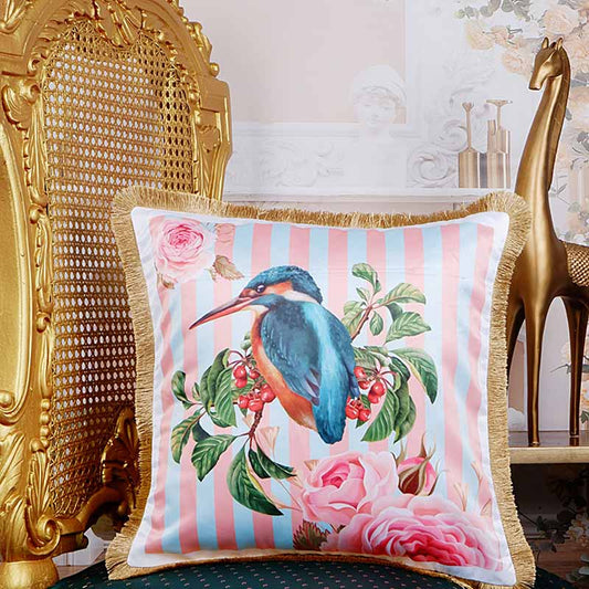 Kingfisher Print With Stripes Satin Cushion Cover | 16X16 Inches Default Title