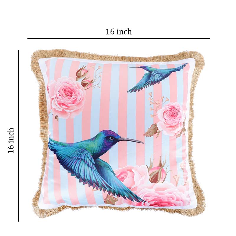 Hummingbird Print With Stripes Satin Cushion Cover | 16X16 Inches Default Title