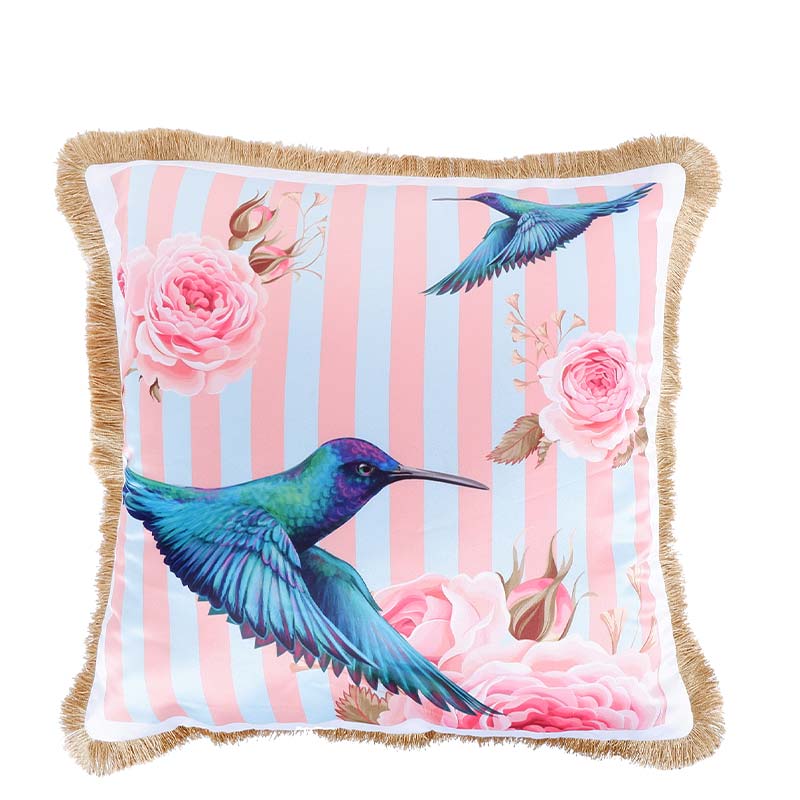 Hummingbird Print With Stripes Satin Cushion Cover | 16X16 Inches Default Title