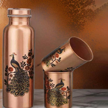 Exquisite Peacock Design Water Storage Pure Copper Bottle With Two Glasses Set | Pack of 3 | 1L