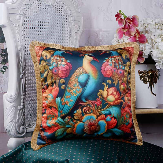 Peacock Flower Print Satin Cushion Cover 16 X 16 Inches Default Title