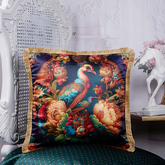 Pink Floral Peacock Print Satin Cushion Cover 16 X 16 Inches Default Title