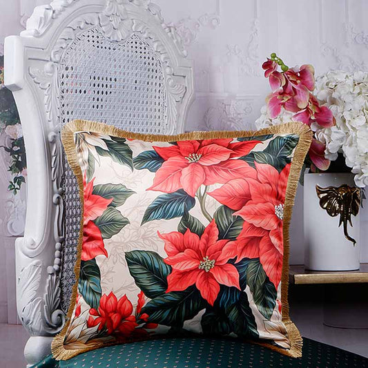 Poinsettia Floral Print Satin Cushion Cover | 16X16 Inches Default Title