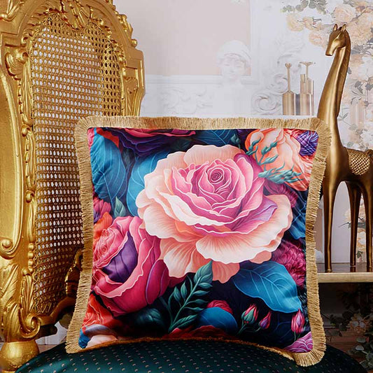Classy Pink Floral Print Satin Cushion Cover | 16X16 Inches Default Title
