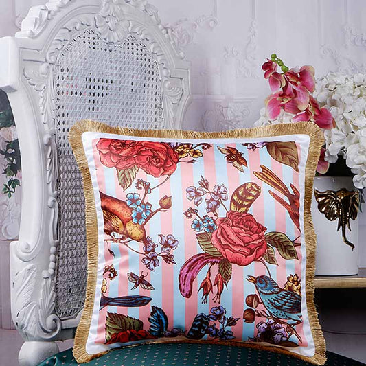 Birds And Floral Print Satin Cushion Cover | 16X16 Inches Default Title