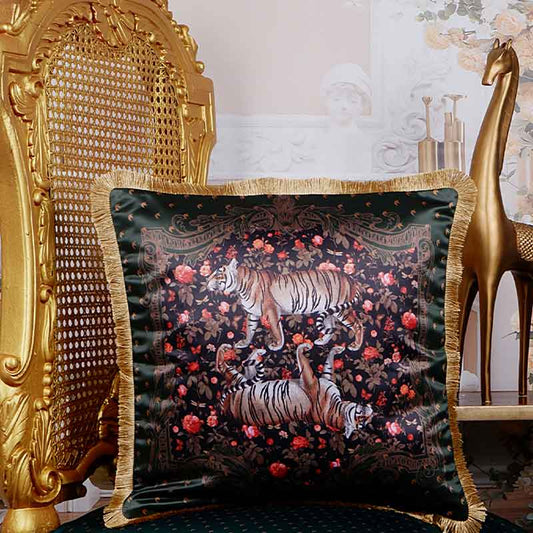 Black Satin Tiger Animal Print Cushion Cover | 16X16 Inches Default Title