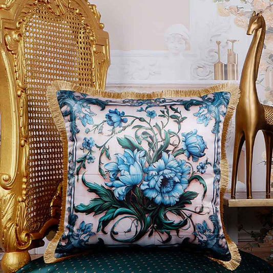 Premium Satin Floral Print Cushion Cover With Fringe Edging And Concealed Zipper 16X16 Inches By The White Ink Decor & Lifestyle Default Title
