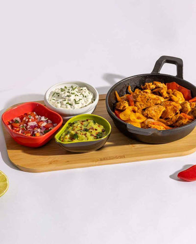 Premium World Multicolor Foods Fajita Dip Bowls with Skillet and Serving Board Gift Box Combo | Pack of 5