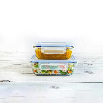 Basic Design Oblong Glass Containers With Air Tight Lid | Microwave Safe | Set Of 2