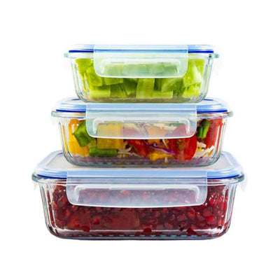 Functional Design Oblong Glass Containers With Air Tight Lid | Microwave Safe | Set Of 3