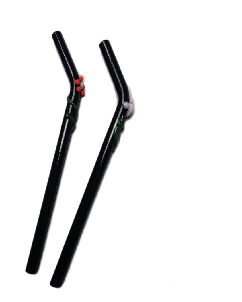 Flora Collection Black Onyx Glass Straws | Set Of 2