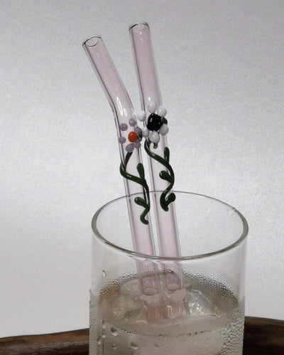 Pink Floral Art Glass Drinking Straws | Set Of 2