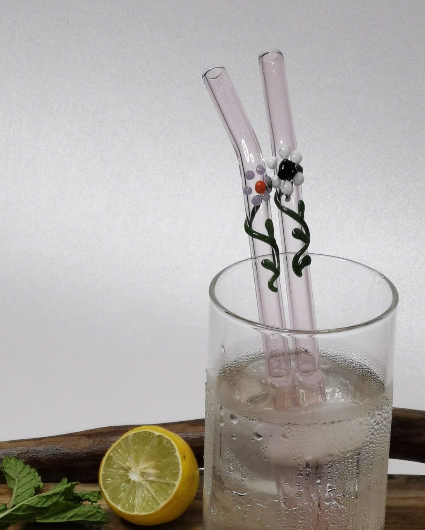 Pink Floral Art Glass Drinking Straws | Set Of 2