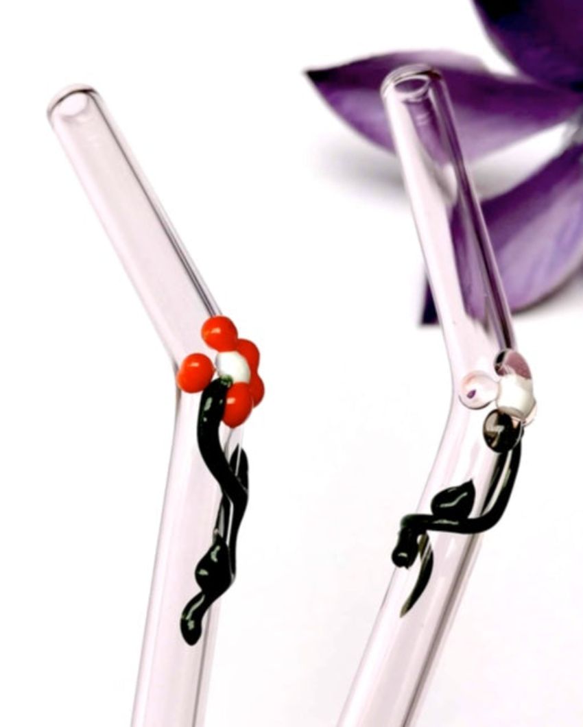 Pink Floral Art Glass Drinking Straws | Set Of 2