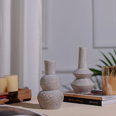 Modern White Ribbed Textured Ceramic Vase | Set of 2| 4 x 8 inches
