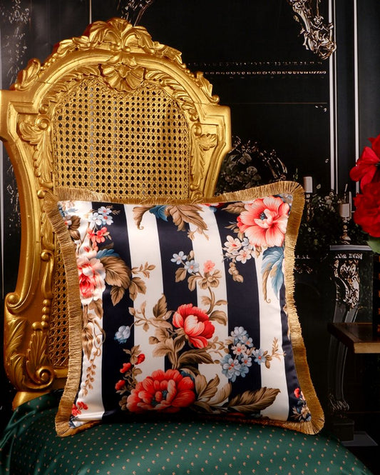 Alhelí Flower Printed Satin Stripe Cushion Cover | 16x16 inch Variant 3