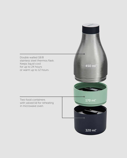 Green Food & Hydrate 3 Staibless Steel Bottle Container For Food And Drink | 450 ml | 4 x 4 inches
