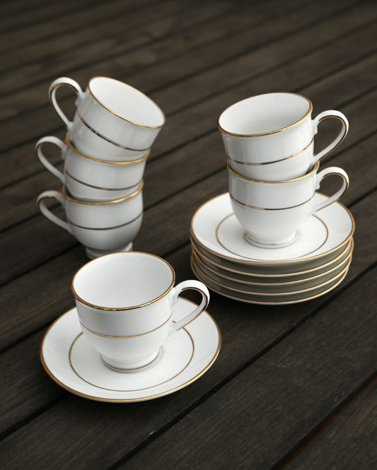 Beautiful Golden Border Porcelain Cups & Saucers | Set Of 12