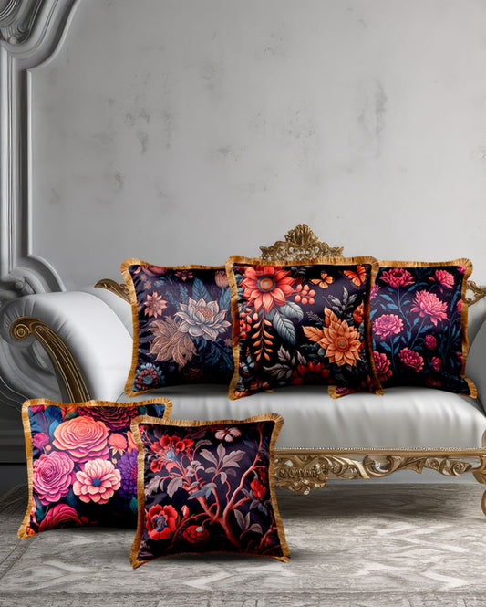 Begonia Flower Design Satin Stripe Cushion Covers | Set of 5 | 16x16 inch