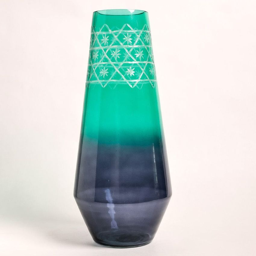 Stunning Etched Green & Blue Contrast Glass Flower Vase