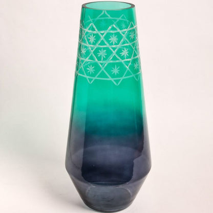 Stunning Etched Green & Blue Contrast Glass Flower Vase