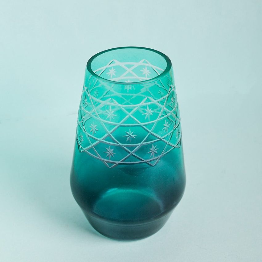 Stunning Etched Green & Blue Contrast Glass Flower Vase