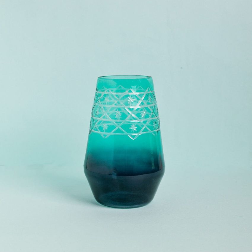 Stunning Etched Green & Blue Contrast Glass Flower Vase