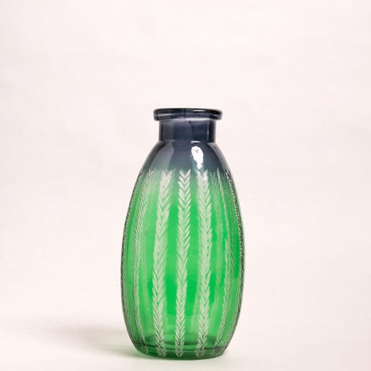 Elegant Etched Green & Blue Contrast Glass Vase without Flower  | 5 x 9 inches