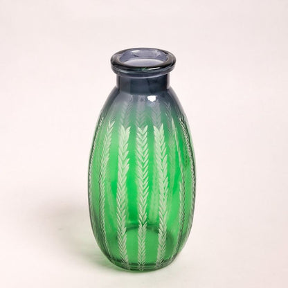 Elegant Etched Green & Blue Contrast Glass Vase without Flower  | 5 x 9 inches