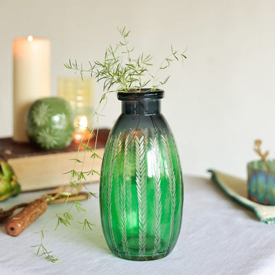 Elegant Etched Green & Blue Contrast Glass Vase without Flower  | 5 x 9 inches