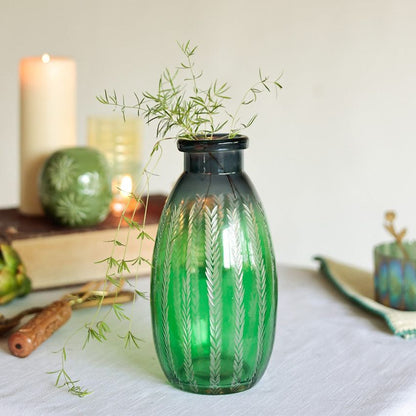 Elegant Etched Green & Blue Contrast Glass Vase without Flower  | 5 x 9 inches