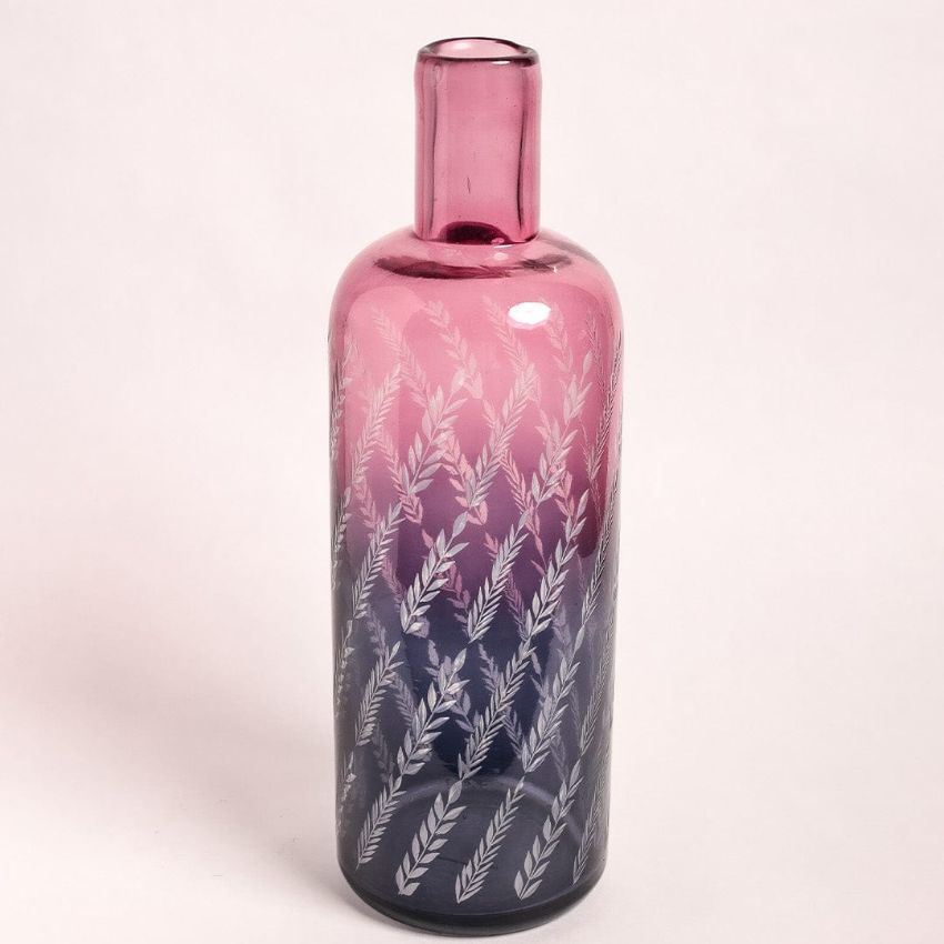 Premium Etched Pink & Blue Contrast Glass Flower Vase | 2 x 14 inches