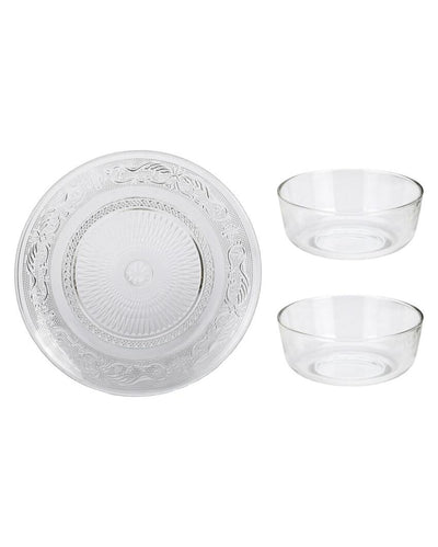 Modern Clear Glass Two Bowls with One Snack Plate Combo | Set of 3 | 700 ML