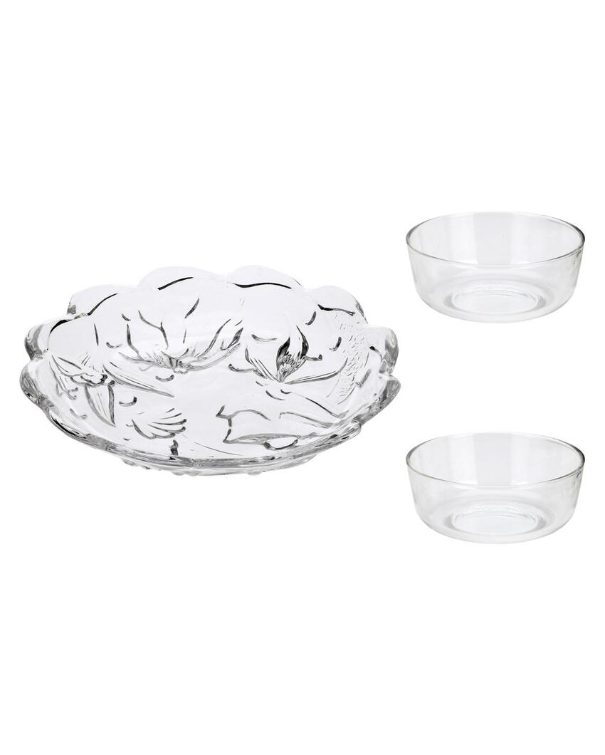 Modern Clear Glass Two Bowls with One Snack Plate Combo | Set of 3 | 700 ML