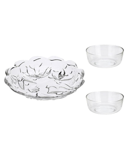 Modern Clear Glass Two Bowls with One Snack Plate Combo | Set of 3 | 700 ML