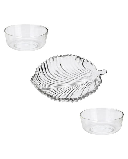 Modern Clear Glass Two Bowls with One Snack Plate Combo | Set of 3 | 700 ML