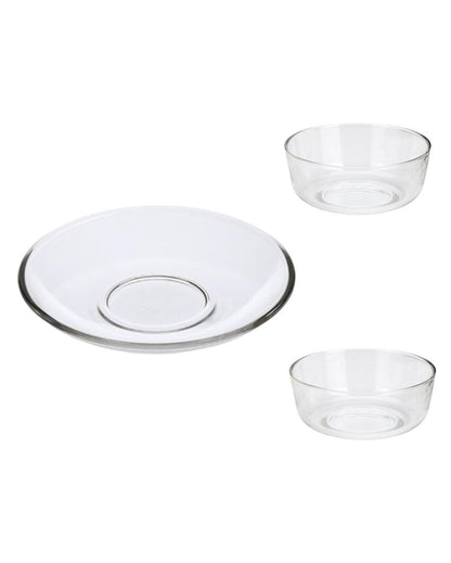 Modern Clear Glass Two Bowls with One Snack Plate Combo | Set of 3 | 700 ML